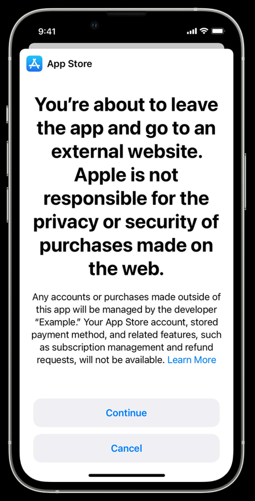 You're about to leave the app and go to an external website. Apple is not responsible for the privacy or security of purchases made on the web.