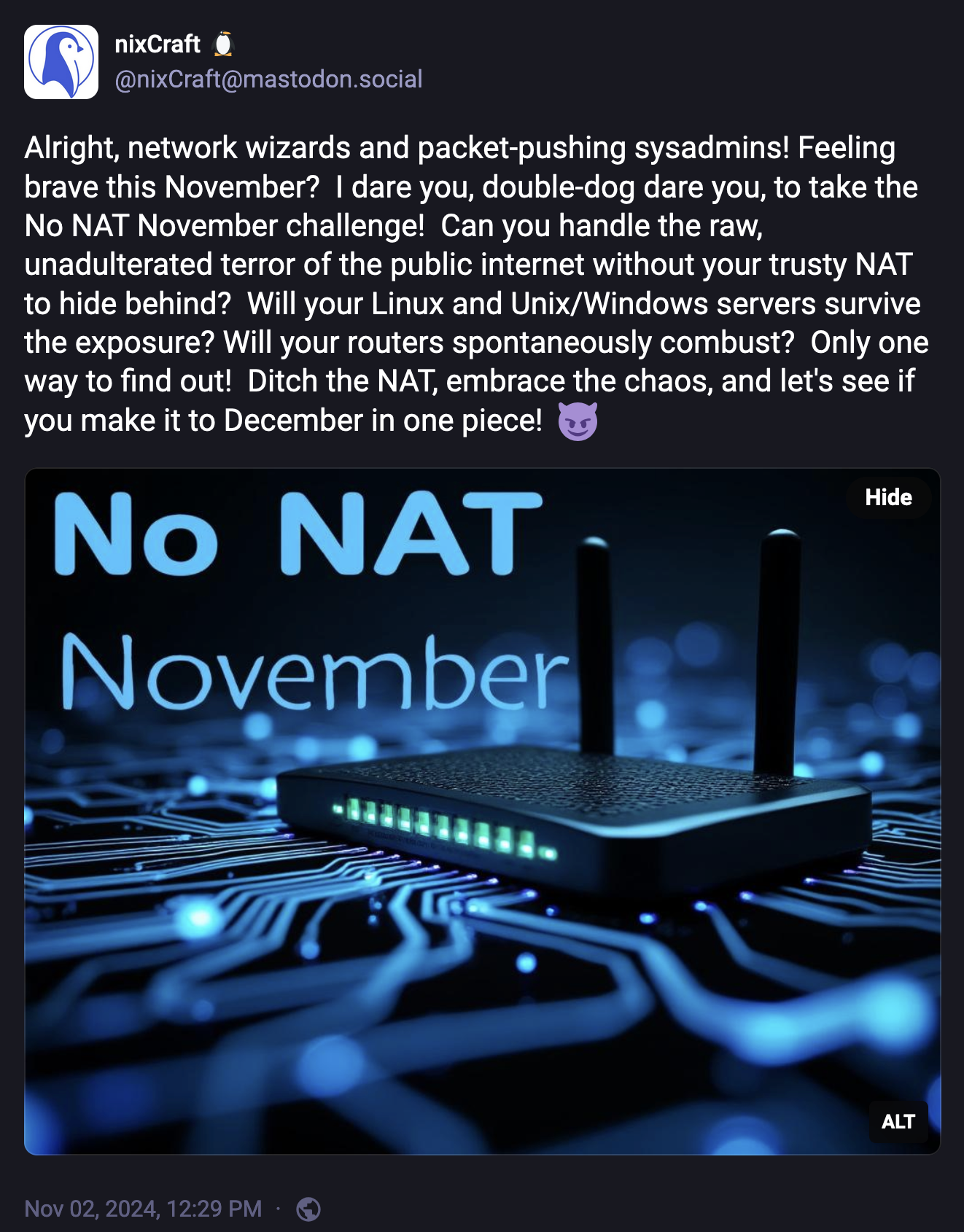 Alright, network wizards and packet-pushing sysadmins! Feeling brave this November? I dare you, double-dog dare you, to take the No NAT November challenge! Can you handle the raw, unadulterated terror of the public internet without your trusty NAT to hide behind? Will your Linux and Unix/Windows servers survive the exposure? Will your routers spontaneously combust? Only one way to find out! Ditch the NAT, embrace the chaos, and let's see if you make it to December in one piece!