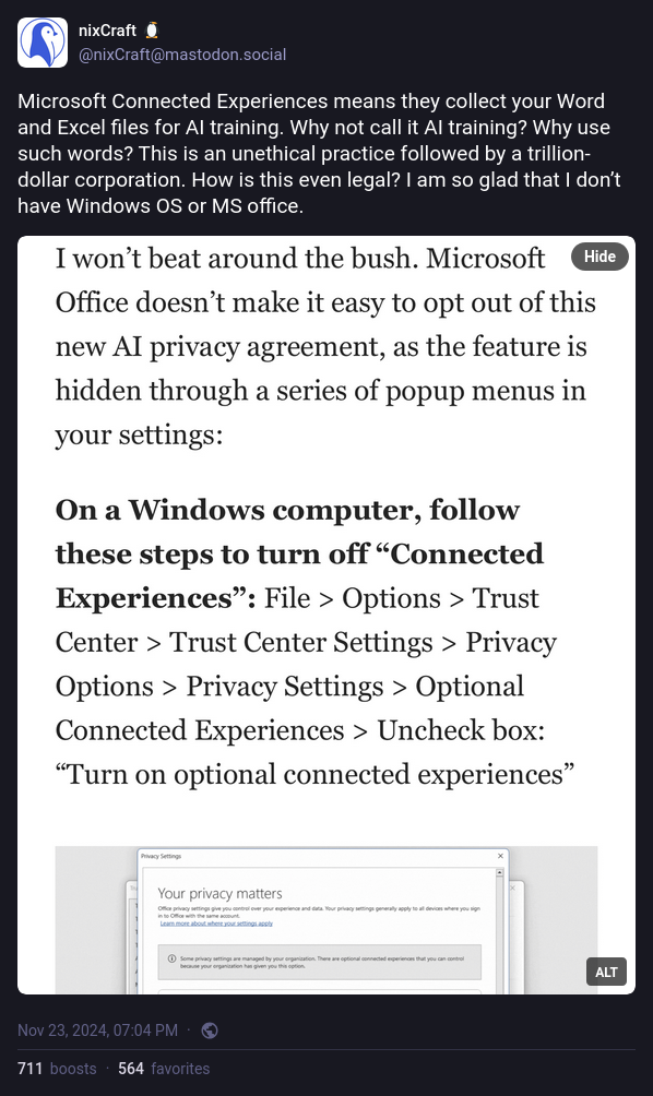 Microsoft Connected Experiences means they collect your Word and Excel files for AI training. Why not call it AI training? Why use such words? This is an unethical practice followed by a trillion-dollar corporation. How is this even legal? I am so glad that I don't have Windows OS or MS office.